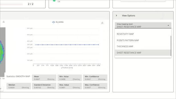 Screenshot of a fully automated wafer imaging system’s software displaying multiple wafer maps, including resistivity, thickness, sheet resistance, and point pattern visualizations.
