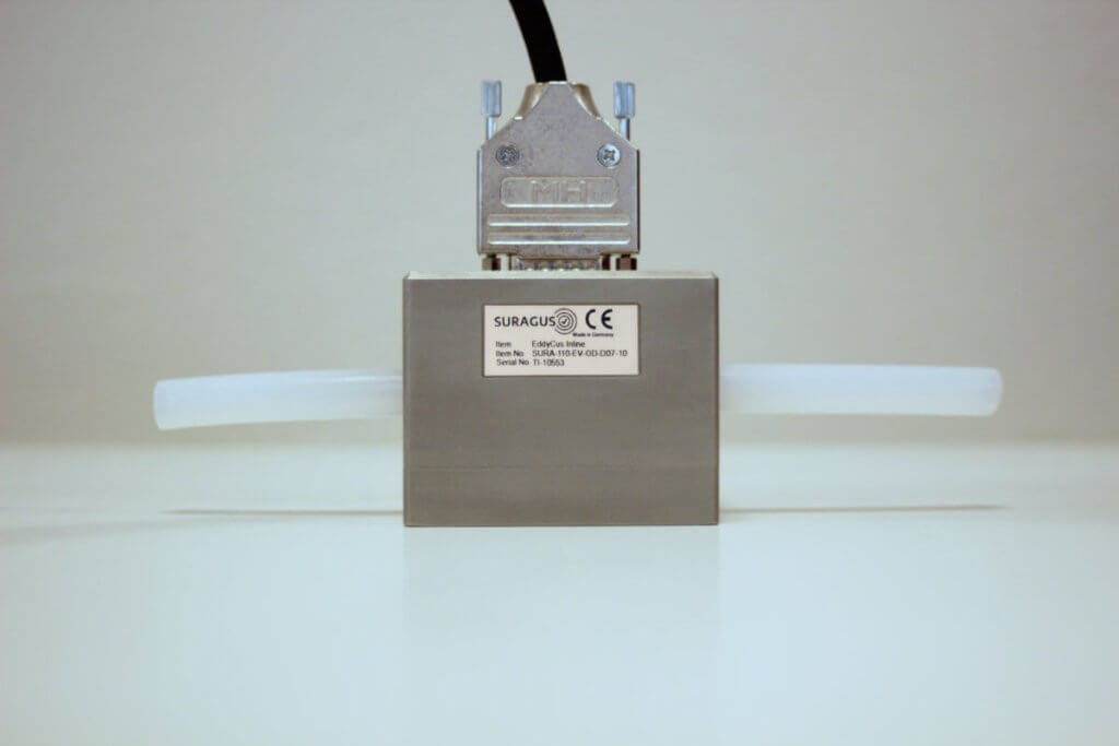 Product photo of the EddyCus® inline R ringsensor for slurry, paste and fluid monitoring side view