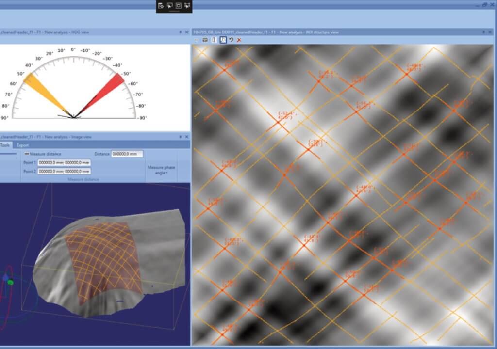 Analyzing software EddyEVA shows the fiber orientation of a carbon fiber preform measured by eddy current sensor